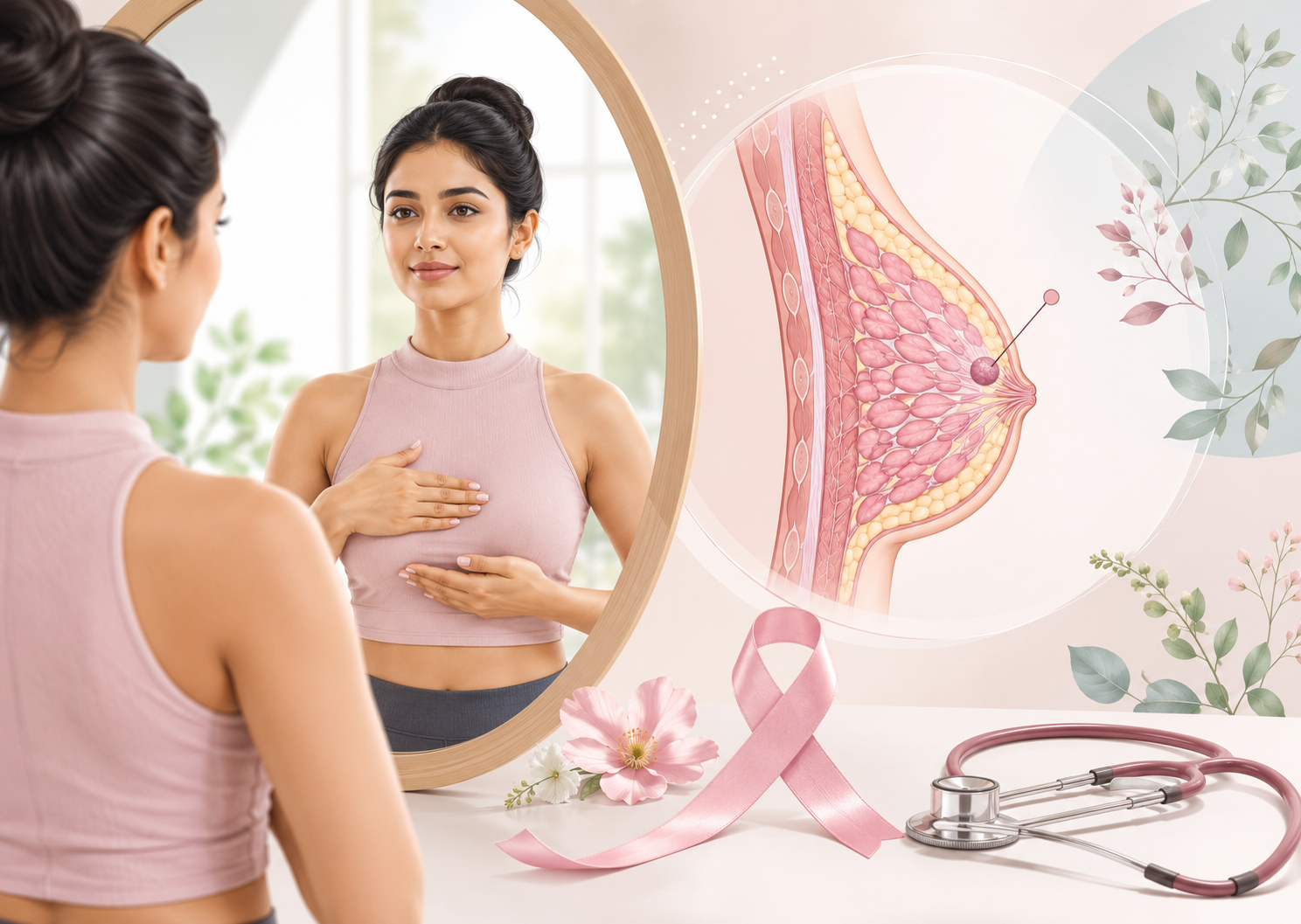 Medical illustration showing a woman performing a breast self-check