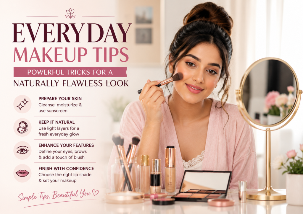 Woman applying natural everyday makeup in front of a vanity mirror