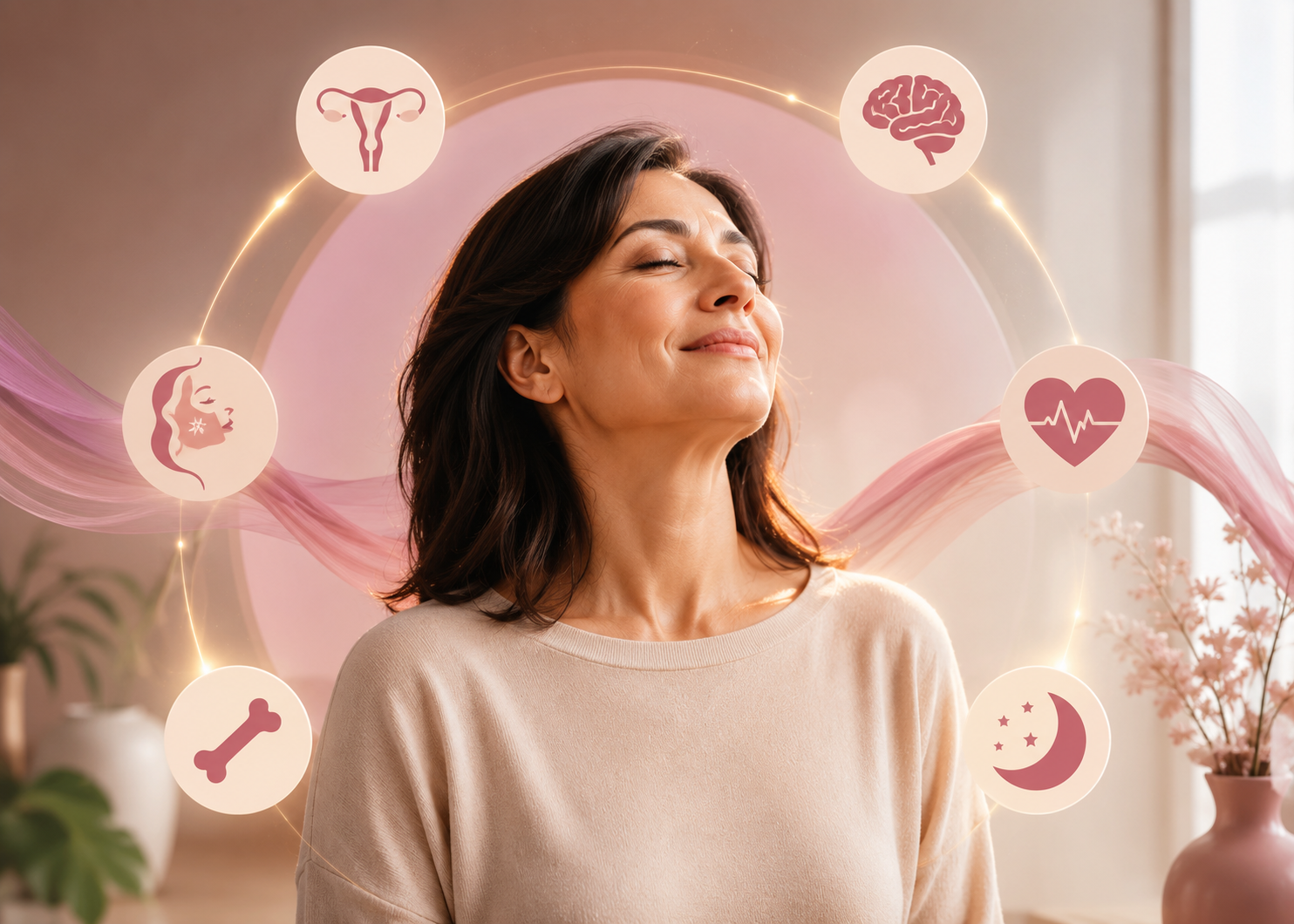 Confident middle-aged woman experiencing healthy aging with subtle hormone-themed illustration